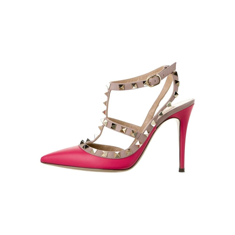 Valentino Garavani Pink Leather Rockstud Studded T-Strap Caged Heels Pumps 39.5